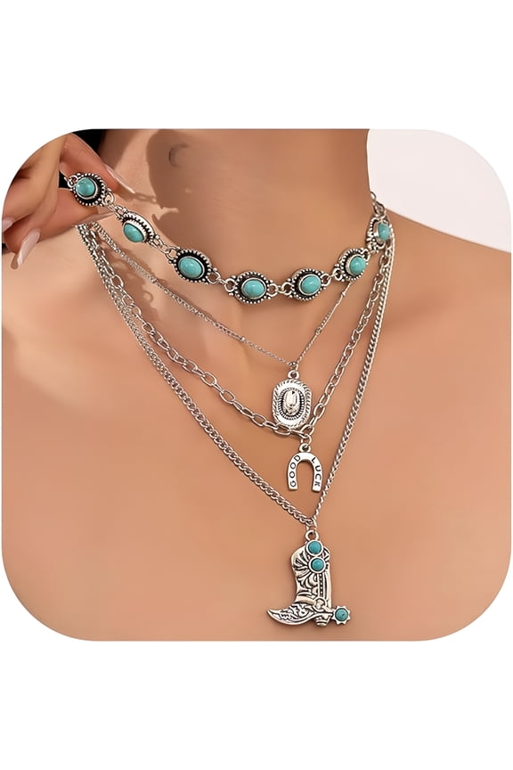 Layered Western Necklace for Women, Vintage Turquoise Beaded Chain with Cactus Cross, Boho Jewelry Gift for Mom