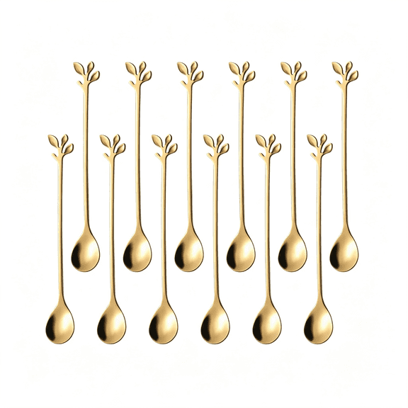 DESIGNICE Leaf Handle Long Teaspoons7.4" Gold Coffee&Tea Stirring Spoonsstainless Steel Coffee Stir Spoon Set of 12 Set of 12 Long Handle Gold Metal Spoon Palm Leaf Style