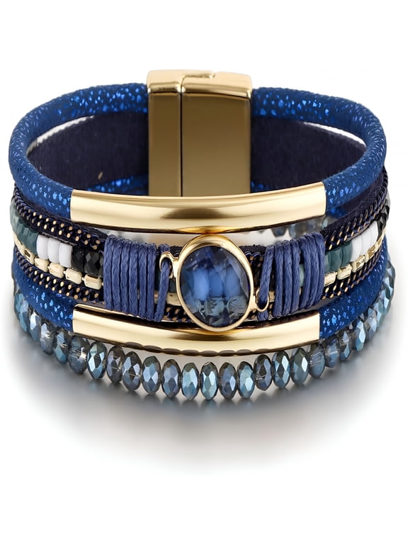 Leather Wrap Bracelet for Women,Boho Handmade Multi-Layer Cuff with Crystal Beads Heart,Stackable Bangle Western Jewelry
