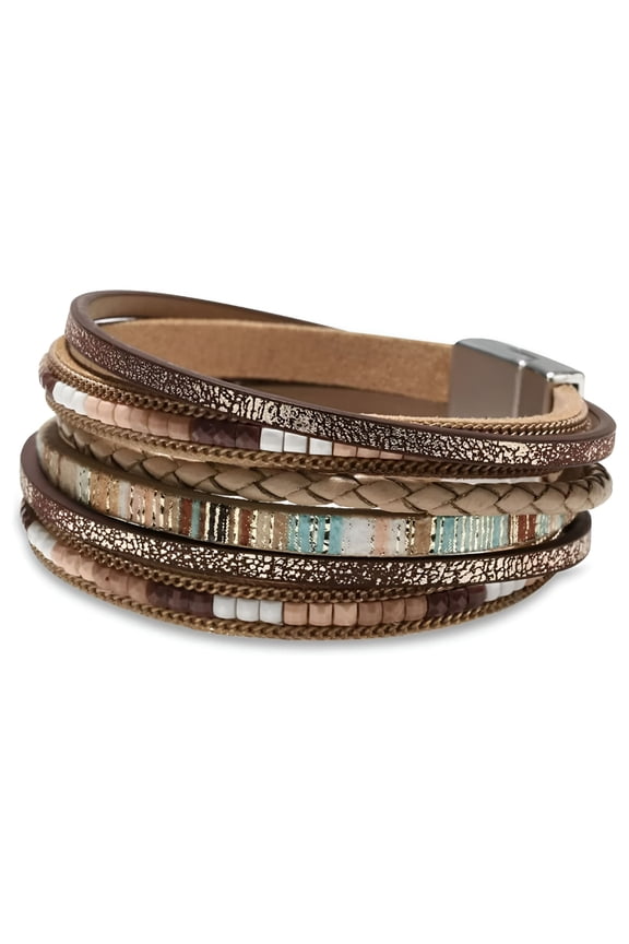 Leather Wrap Bracelets for Women,Boho Leopard Multi-Layer Crystal Beads Cuff Bracelet Jewelry