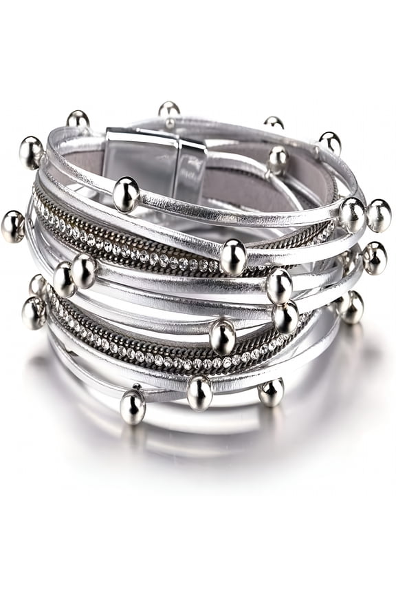 Leather Wrap Bracelets for Women, Boho Leopard Multi-Layer Crystal Beads Cuff Bracelet Jewelry