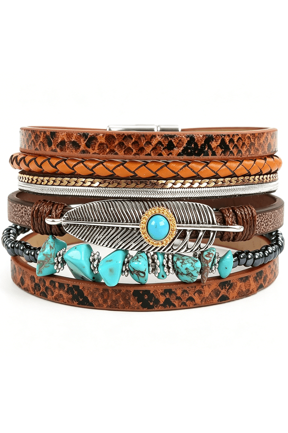 Leopard Bracelet for Women,Boho Leather Wrap Multi-Layer Pearl Crystal Bracelet Bangle Jewelry