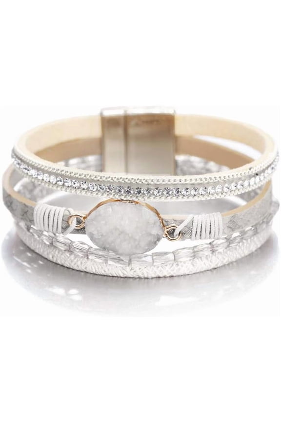 Leopard Bracelet for Women, Boho Leather Wrap Multi-Layer Pearl Crystal Bracelet Bangle Jewelry