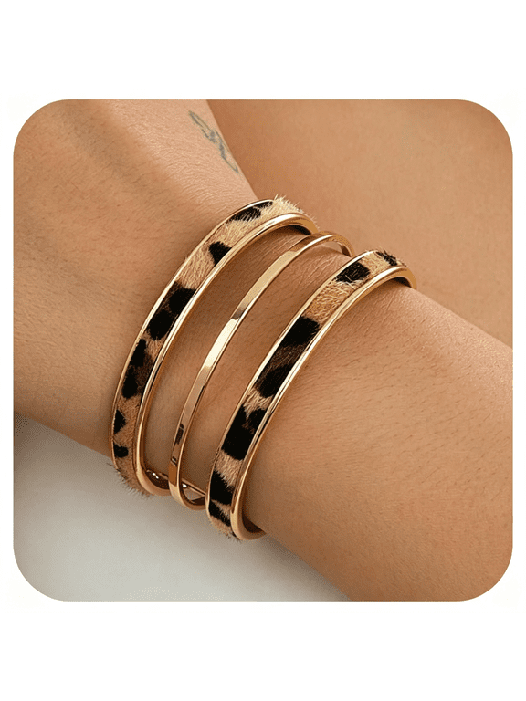 Leopard Print Bangle Bracelets for Women Gold Polished Chunky Bracelets Wide Wrist Cuff Stack Bracelets Trendy Open Cheetah Leather Bangle Set for Women Statement Jewelry