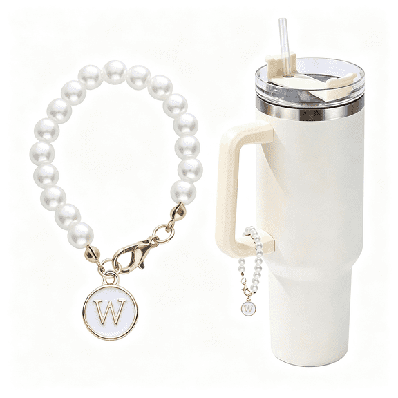 DESIGNICE Letter Accessories for Cup Initial Name Id Personalized Handle Charm for Tumbler White Pearl Chain Personalized Name Id Decorations(C)
