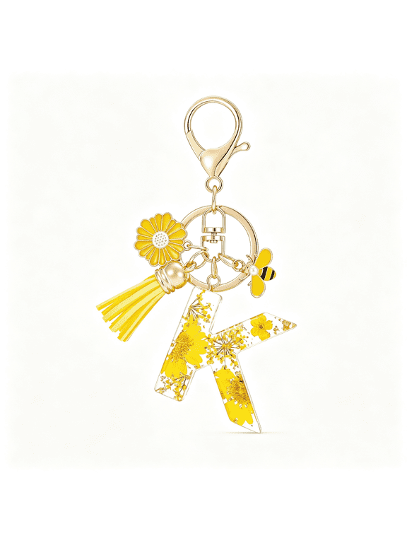 Letter K Keychain Resin Alphabet Keyrings,Yellow Petals Gold Foil Key Ring Key Chain Charm Letter Keychain
