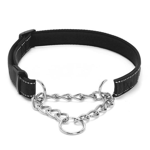 DESIGNICE Light Up Dog Collar, Glow in the Dark Nylon Pet Harness with Chrome Chain, Adjustable Night Safety Walking Gear, Black