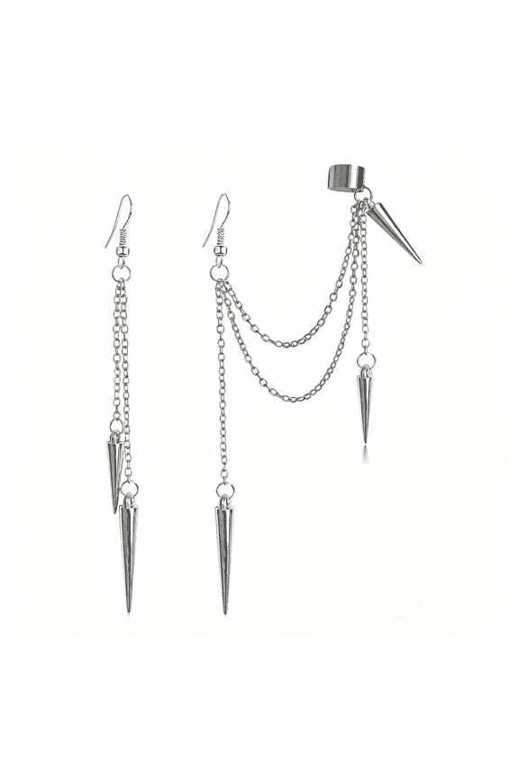 Lightweight Unique Black Punk Long Tassel Chain Ear Cuff Earrings 316L Vintage Steampunk Gear Barrel Nails Crawler Climer Dangle Drop Earrings for Men Women Unisex