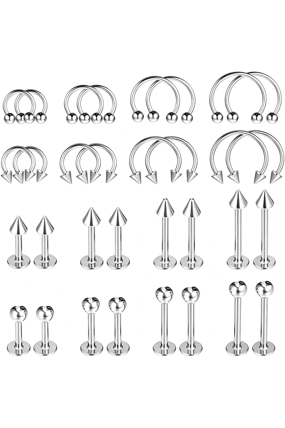 Lip Piercing Jewelry 32Pcs 16G Lip Rings Surgical Steel Labret Jewelry, Snake Bite Monroe Medusa Piercing, Horseshoe Barbell Rings, Helix Daith Tragus Cartilage Studs for Women Men