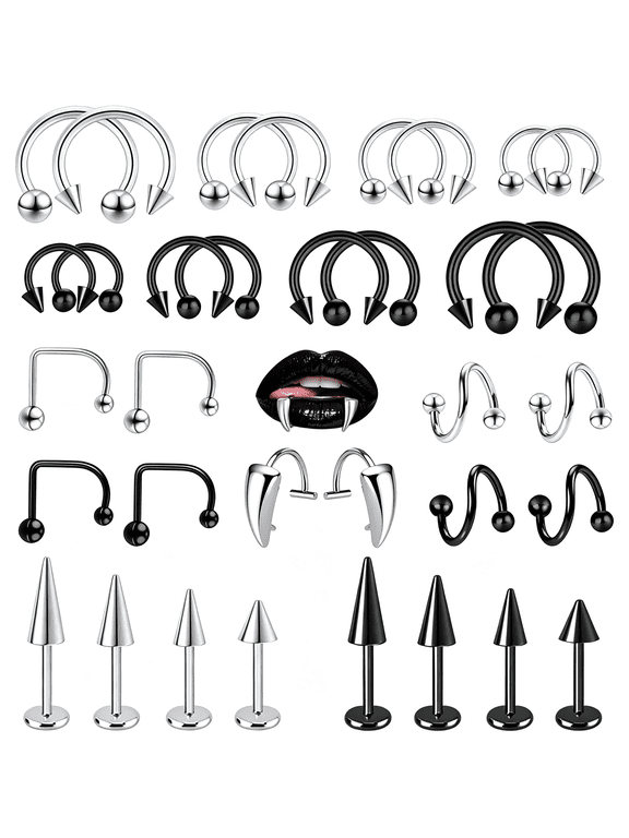 Lip Rings 16G Snake Bite Piercing Labret Jewelry Monroe Lip Barbell Ring Spike Nose Stud Spiral Piercing Vampire Fangs Lip Cuff Stainless Steel Vertical Helix Jewelry for Women Men