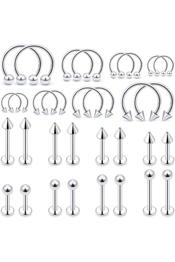 Lip Rings 32PCS Labret Jewelry Lip Barbell Ring Snake Bite Piercing Jewelry 16G Helix Earring Daith Tragus Cartilage Studs Surgical Steel Piercing Jewelry for Women Men