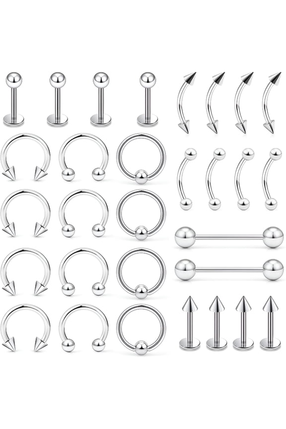 Lip Rings Surgical Steel Snake Bite Jewelry 16G Vertical Labret Lip Jewelry Monroe Eyebrow Piercing for Women Men 8mm-10mm 16g,30pcs,8mm bar