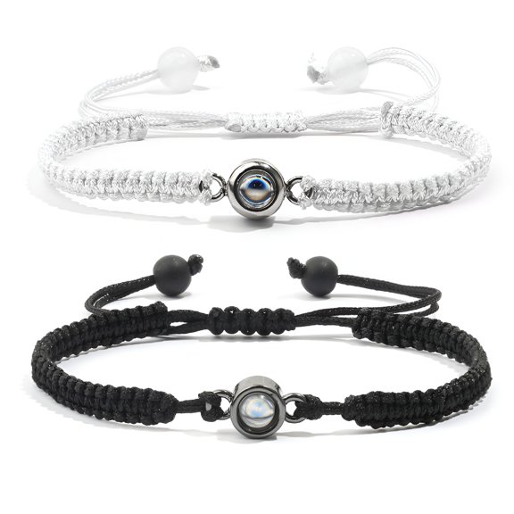 DESIGNICE Long Distance Touch Couple Bracelets, Woven Matching Set with 100 Languages Projection Card, Anniversary Gift