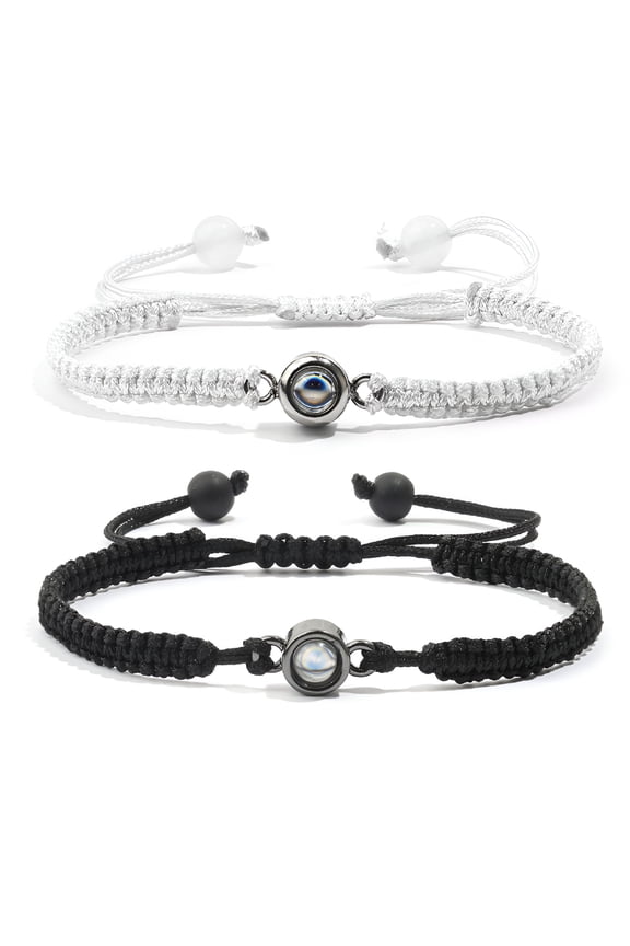 Long Distance Touch Couple Bracelets, Woven Matching Set with 100 Languages Projection Card, Anniversary Gift