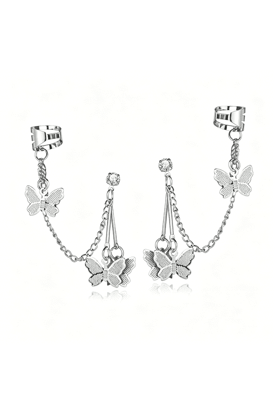 Long Silver Butterfly Cuff Chain Dangle Drop Earrings for Women Statement Ear Cuff Draping Chain Stud Earrings