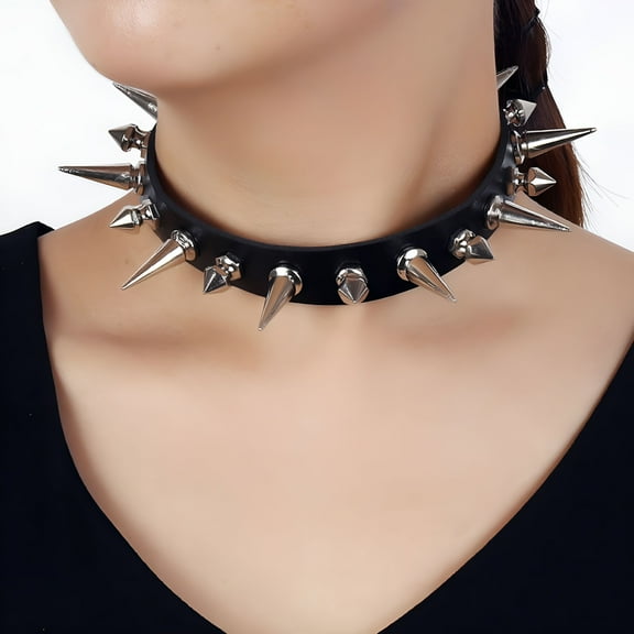 DESIGNICE Long Spike Choker Punk Faux Leather Collar Goth Style Necklace