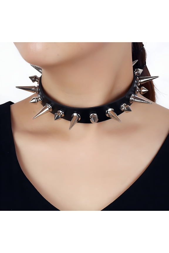 Long Spike Choker Punk Faux Leather Collar Goth Style Necklace