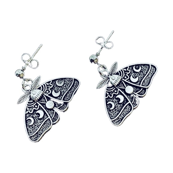 DESIGNICE Luna Moth Hoops Earrings Goth Insect Wiccan Moon Phase Ear Stud Hook Jewelry