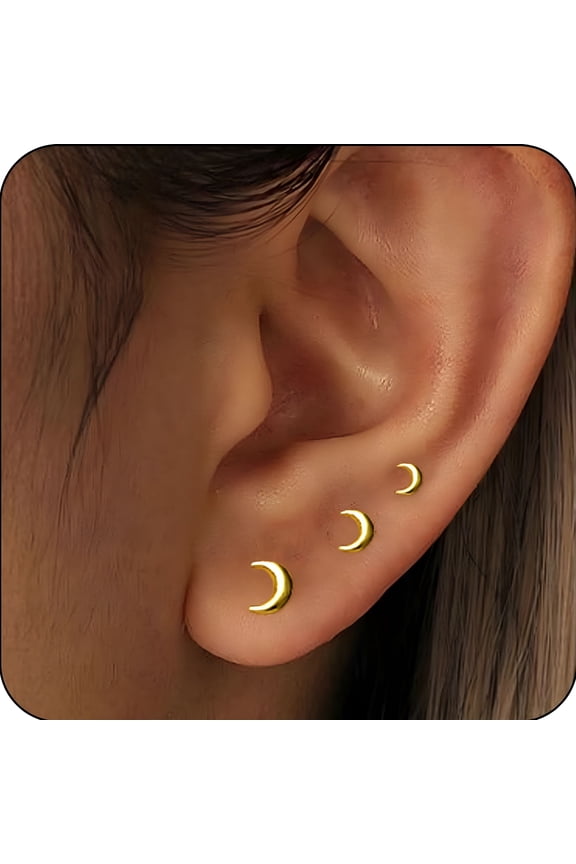 Lunvky 3 Pairs 18K Gold Plated Moon Stud Earrings for Women Hypoallergenic Post Earring Sets Birthday Valentines Day Jewelry Gifts Teen Girlfriend Wife Her Female Tween Adults Age Ideas