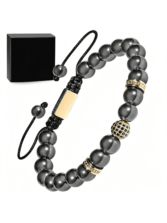 Magnetic Hematite Bracelet-Max Strength Magnet Stones-Magnetic Beaded Bracelets for Men and Women,Durable Hematite Bracelet Men(Gold Zeus 8Mm Bead)