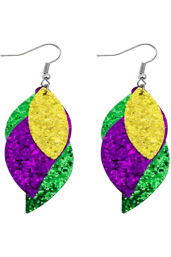 Mardi Gras Carnival Festive Lightweight Shining Leaf Teardrop Layered Mask Flower Leather Drop Dangle Colorful Earrings Holiday Theme Party Jewelry for Women