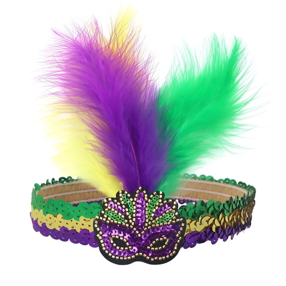 DESIGNICE Mardi Gras Fleur De Lis Headbands Sequin Feather Fascinators Headwear Headpieces Hair Band for Mardi Gras Masquerade Mask Party Carnival Halloween Wedding Multicolor