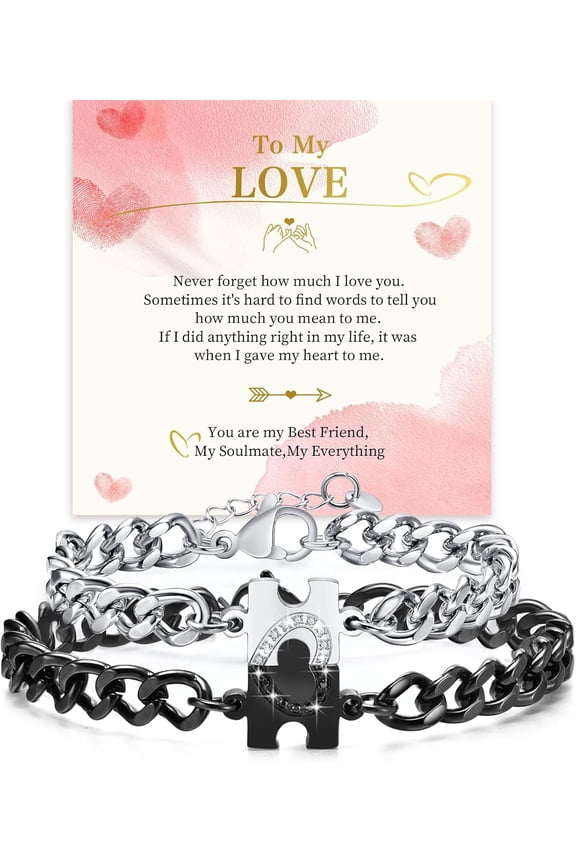 Matching Bracelets for Couples : Long Distance Relationship Gifts Puzzle Heart Stainless Steel Bracelets for Women Men His Hers Bracelets Set for Gf Wife Friends Anniversary Promise Gift