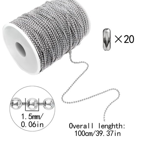 DESIGNICE Materials To Make Jewelry Ball Bead Chain Stainless Steel 33Ft/10M Beaded Dog Chain Necklace Chains for Jewelry Making DIY Crafts Silver Metal Small Bead Chain Roll