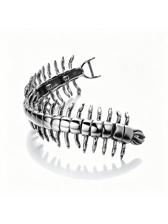Men'S Stainless Steel Centipede Bracelet, 3D Segmented Insect Link Cuff, Gothic Biker Punk Statement Jewelry, Edgy Gift for Him Edgy Gothic Punk Silver Bracelet for Men