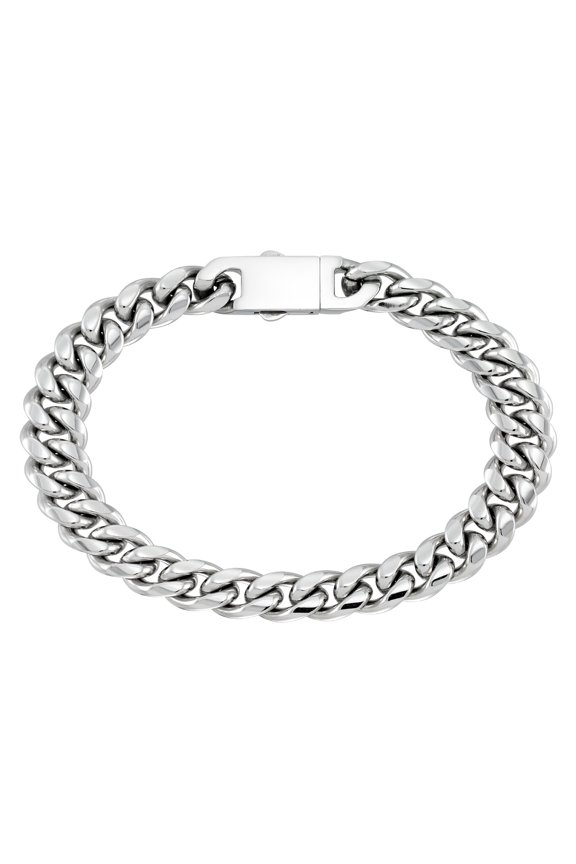 Men Solid Bold Signature Curb Link Bracelet in Brilliant White Stainless Steel Mens Bracelet 9".