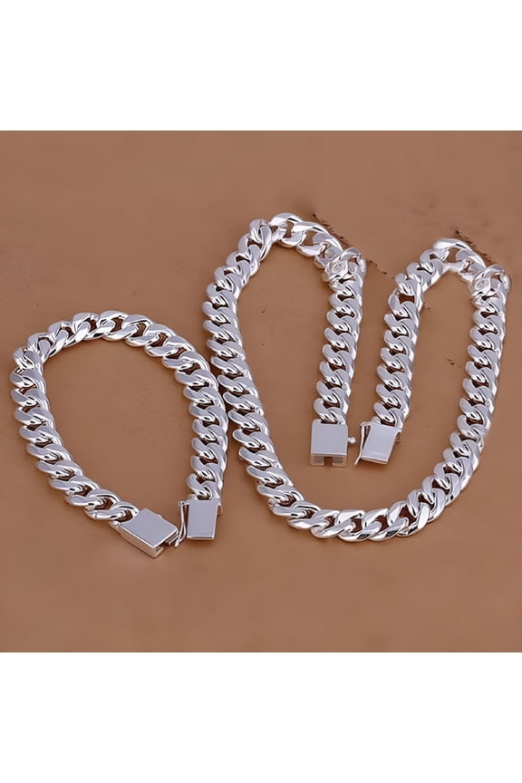 2PCS Classic Cuban chain silver chain for menNecklace Bracelet Jewelry Set,925 Silver