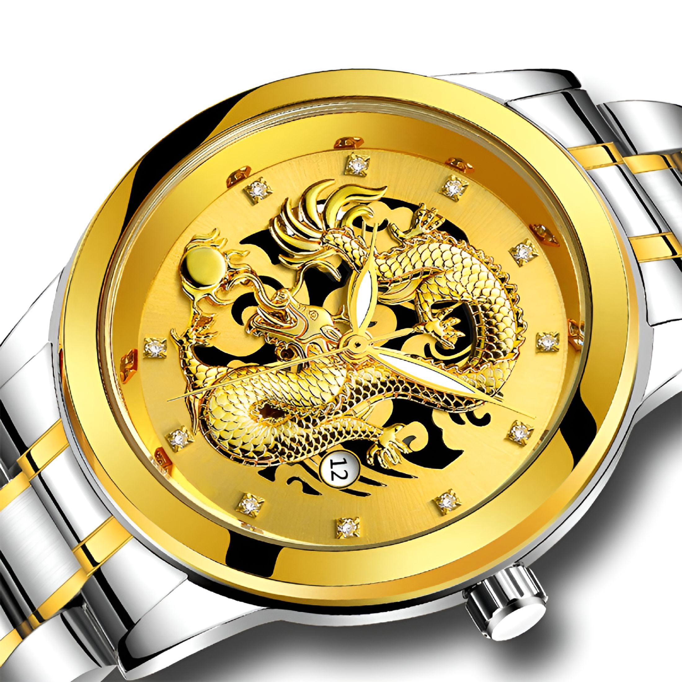 Men's Dragon Watch – 3D Engraved Gold Big Face Quartz Watch, 50mm Case