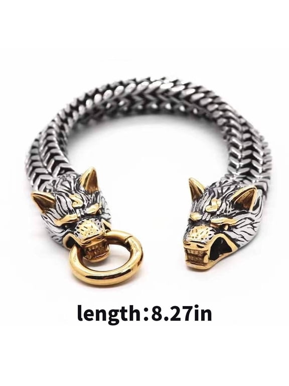 Mens Bracelet,Retro Viking Style Mens Jewelry,Stainless Steel Material Pulseras Para Hombres,Wolf Head