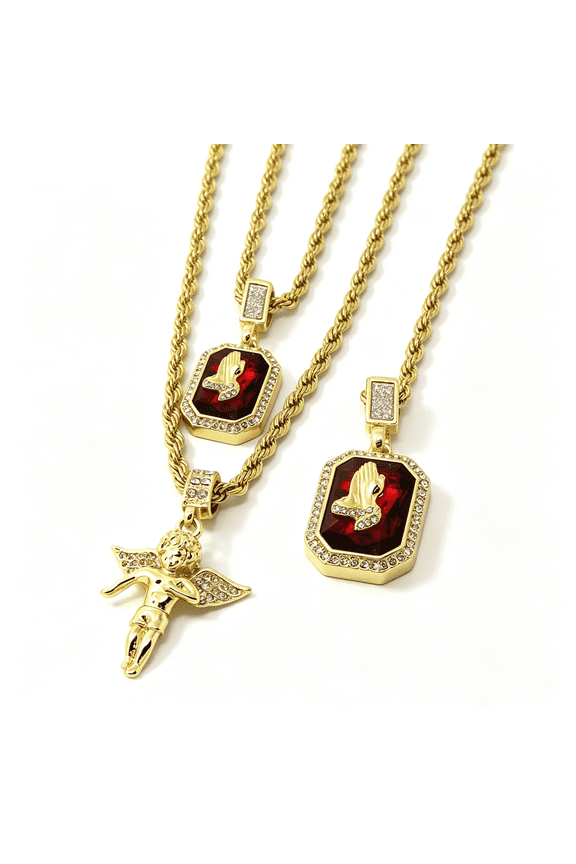 Mens Gold Angel & P Ruby Bundle Set Cz Pendant Hip Hop 24" & 30" Rope Chain Mens Gold Chain