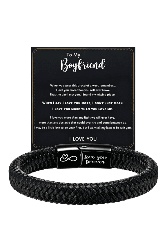Mens Leather Bracelet, Teen Boy Gifts Stocking Stuffers for Teen I Love You Gifts for Him Boyfriend Birthday Gift for Son Husband Godson Bracelets for Men Dad Christmas Anniversary Jewelry