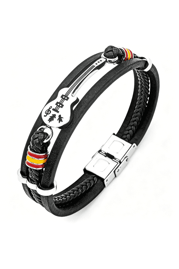 Mens Leather Cuff Bracelet Handmade Black Multi-Layer Cowhide Woven Rope Guitar Bangle,8.26Inch [Adjustable]