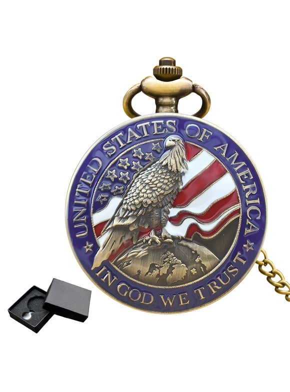 Mens Pocket Watch,Retro Relief Pocket Watch,Patriotic Theme Pocket Watch with Chain and Box,Father Gifts for Christmas,Clothing Accessories,Blue