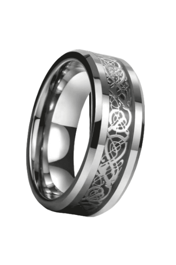 Mens Rings,Striking Black and Silver Contrast Stainless Steel Rings,Dragon Symbol Engraved Tungsten Rings for Women,Elegant Inspired Stainless Steel Rings for Men,13