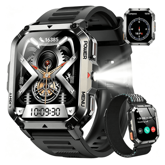 DESIGNICE Military Tactical Smart Watches for Men,100-Day Battery Rugged Fitness Watch with Compass & Flashlight,Sports Watch for Android with 2.01" Hd Display Ai Voice,Ip68 Waterproof Smartwatch