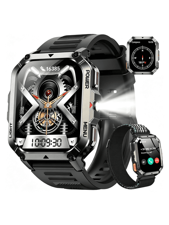 Military Tactical Smart Watches for Men,100-Day Battery Rugged Fitness Watch with Compass & Flashlight,Sports Watch for Android with 2.01" Hd Display Ai Voice,Ip68 Waterproof Smartwatch