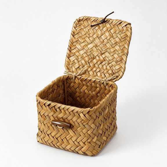 DESIGNICE Mini Seagrass Basket, Small Wicker Basket with Lid Small Decorative Box Square Handwoven Storage Baskets for Shelf Key Jewelry Home Decor Organizer (3.94 * 3.94 * 3.15Inch)