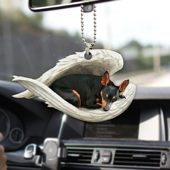 DESIGNICE Miniature Pinscher Sleeping Angel Animal Pet Dog Farmhouse 2D Flat Car Rear View Mirror Accessories Christmas Tree Ornament Decoration Hanging Charm Interior Rearview Pendant Decor Gift