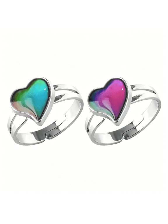 Mood Ring Love Heart Color Changing Emotional Feeling Adjustable Size Mood Rings 2Pcs