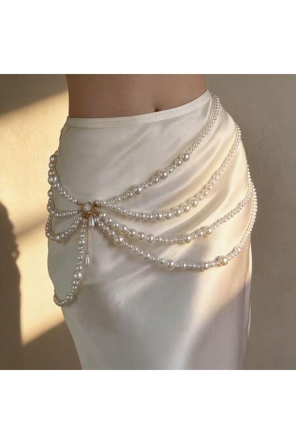 Multi Layered Long Metal Big Pearl Waist Chain Belt Trendy Waistband White Pearl Tassel Hip Belly Body Chain Sweater Dress Belt for Women Silver Body Chain