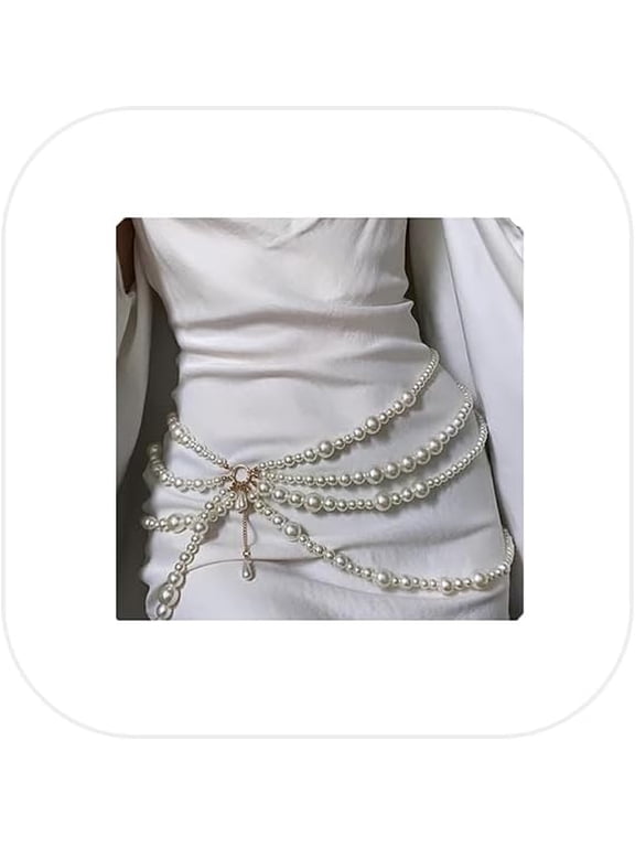 Multi Layered Long Metal Big Pearl Waist Chain Belt Trendy Waistband White Pearl Tassel Hip Belly Body Chain Sweater Dress Belt for Women (Silver)