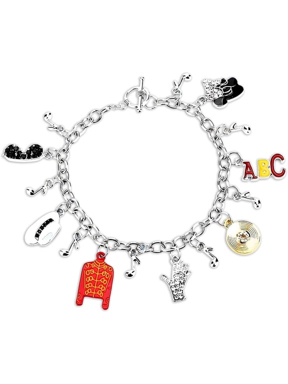 Music Inspired Charm Bracelet, Silver Chain with Red Jacket, Hat, Glove, Bad Charms, 7.29 Inch