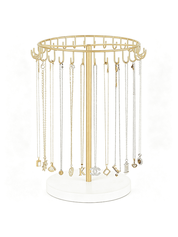 Necklace Holder Organizer 30 Hooks Gold Jewelry Display Tree Stand Free Storage Bracelet Hanger Rack Fits Earrings Keychains Countertop Retail Shops Home Room Decor Women Gift