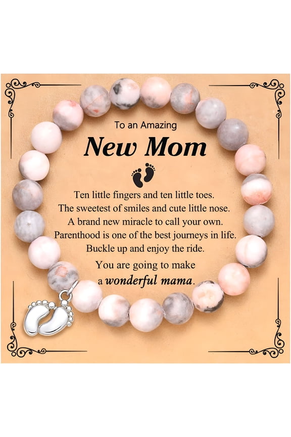 Pink Bracelet for Women, First Time Mom Gifts with Beads and Footprint Charms