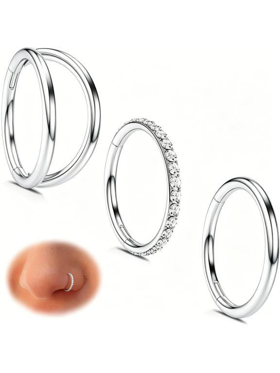 Nose Rings Hoops for Women: 316L Surgical Steel Double Hoop Nose Rings Hinged Cz Septum Clicker Conch Cartilage Rook Tragus Daith Earring Hoops Piercing Jewelry