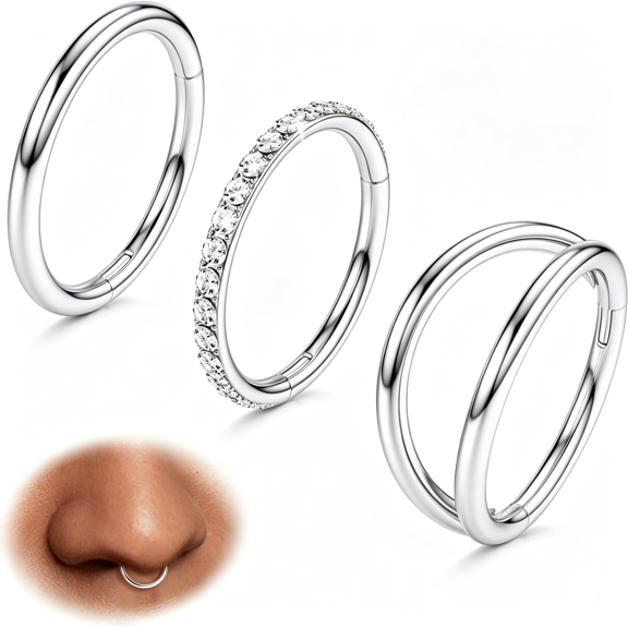 DESIGNICE Nose Rings for Women: Surgical Steel Double Hoop Septum Rings Cz Clicker for Lip Cartilage Conch Rook Daith Hinged Body Piercing Jewelry